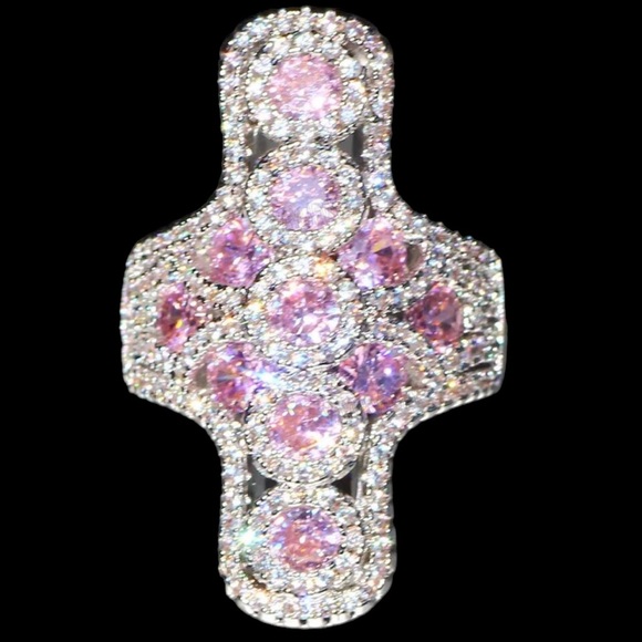 925 Silver Pink Cross Zircon Statement Ring - Picture 10 of 11